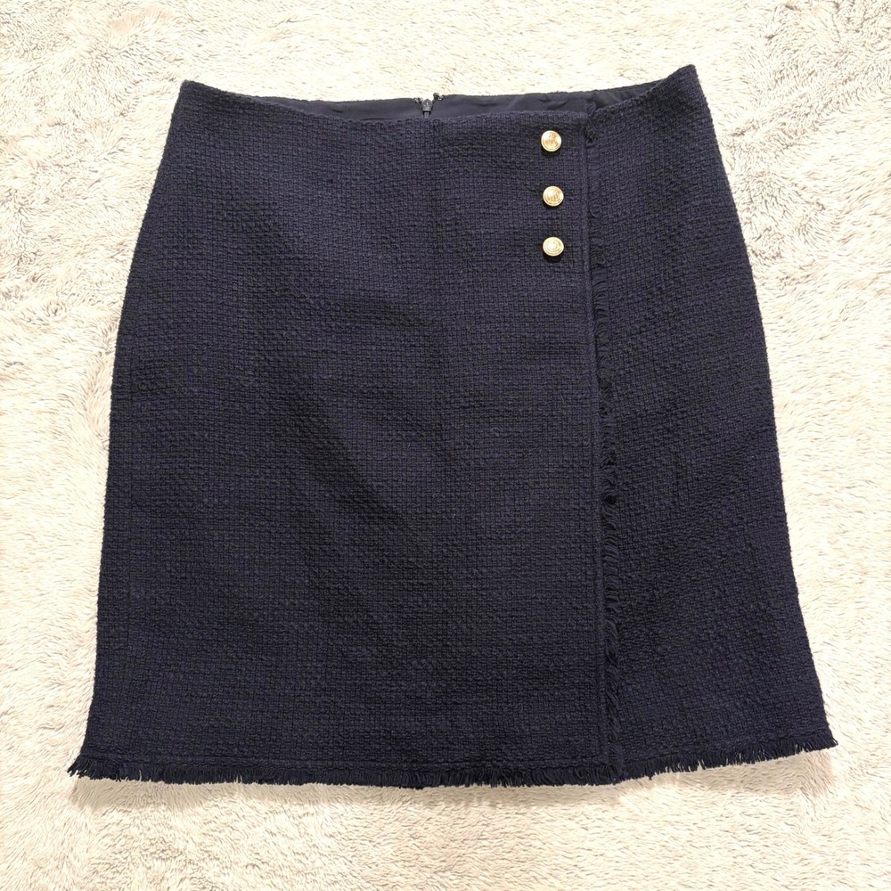 TALBOTS Petite Tweed Skirt Gold Button Office Career Old‎ Money Classic 16P Blue